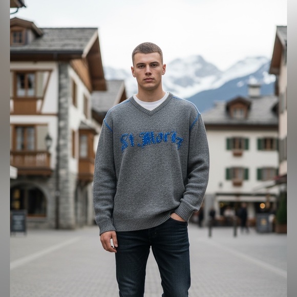 State of Art Men’s Pure Wool Sweater Size M Gray Blue Trim St. Moritz Patch - Picture 10 of 11